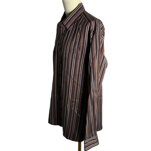 Bugatchi Uomo Button Up Long Sleeve Shirt XXL Brown Striped Flip Cuff Pocket - Picture 3 of 7